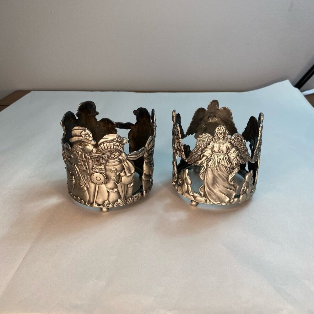 Pewter Candle Holders Snowman Family & Angel Pillar 3.5" dia Set of 2 Christmas